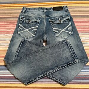 True Luck Mens Straight Leg Jeans 30x32 Medium Wash Contrast Stitch Embroidered